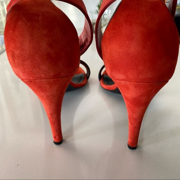 CELINE PARIS Italy Red Suede Gold Stiletto Ankle Strap High Heel Sandals 37 - Picture 7 of 14